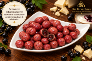 Schwarze Johannisbeeren mit weißer Schokolade – gefriergetrocknet & schokoliert 24 Schwarze Johannisbeeren