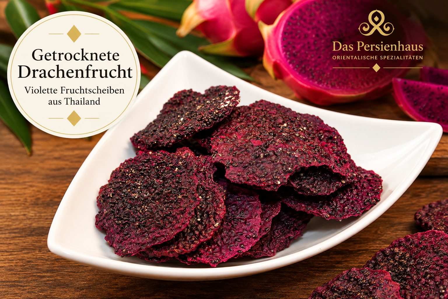 Getrocknete Drachenfrucht – violette Fruchtscheiben aus Thailand mit exotisch-mildem Geschmack