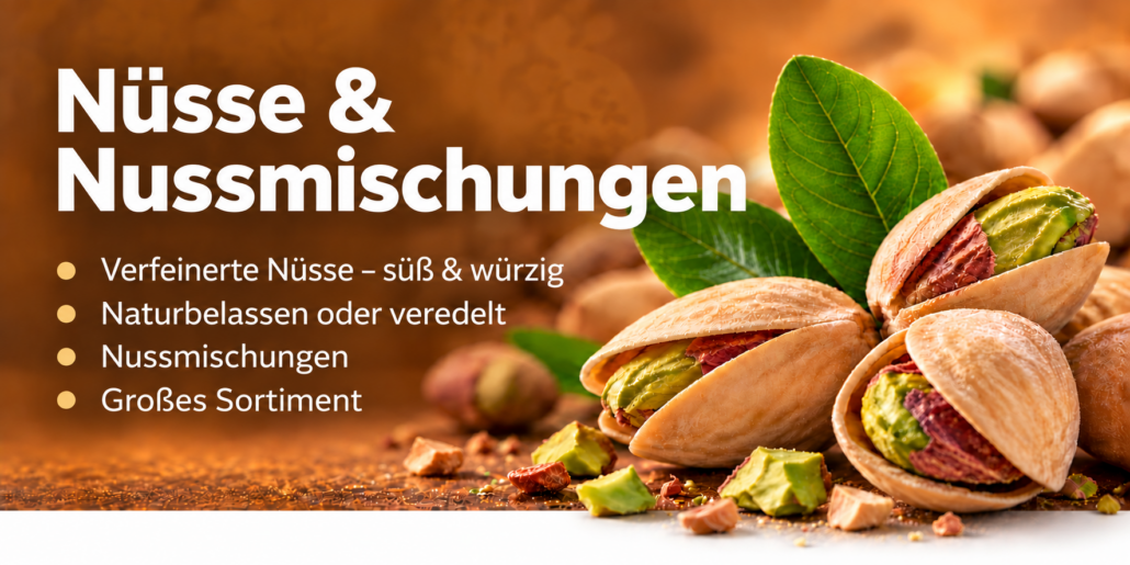 Nuesse Nussmischungen auf warmbraunem Banner